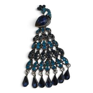 Vintage Peacock Brooch Blue Rhinestone Articulated Dangle Statement Pin